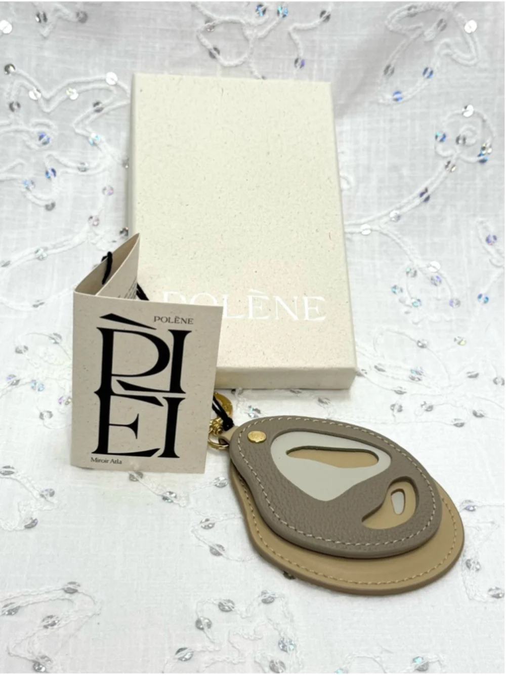 Polène Mirror Atla Trio Taupe Leather Bag Charm Compact Mirror NIB